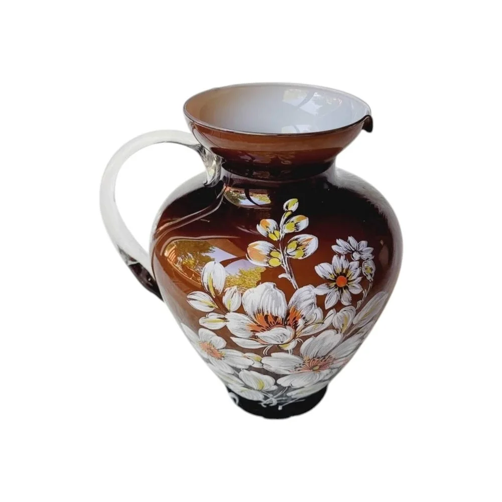 Ardalt Italian Art Glass Pitcher‎ Clear Handle Brown White Floral - Picture 8 of 8